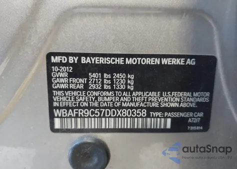 2013 BMW 550I из США, поврежденный, VIN WBAFR9C57DDX80358